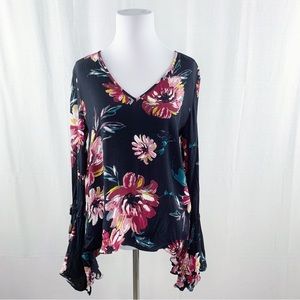 1. State black floral long sleeve bell statement sleeve v-neck top